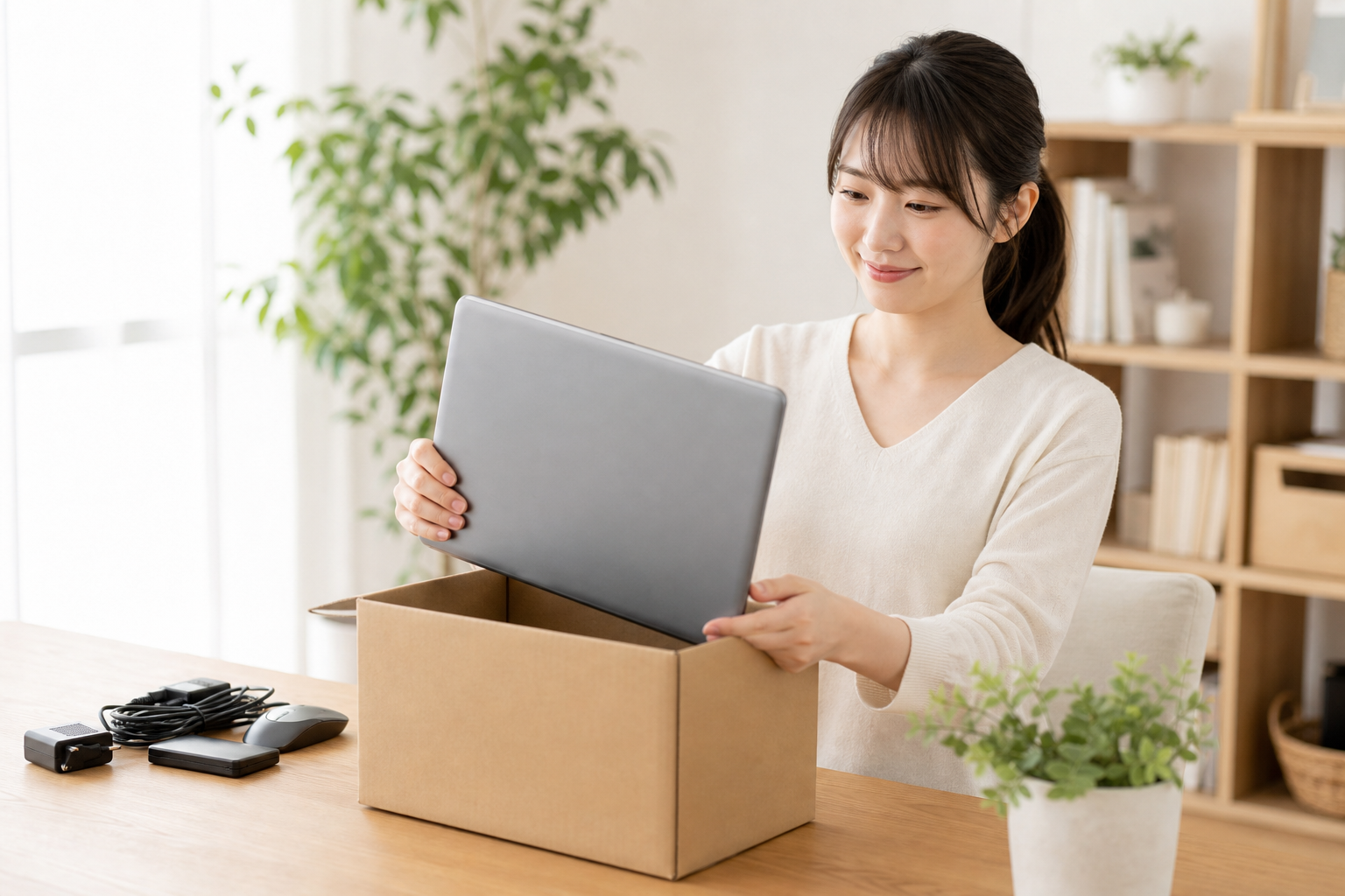 若い女性スタッフが明るい室内で古いノートパソコンを確認しているイメージ