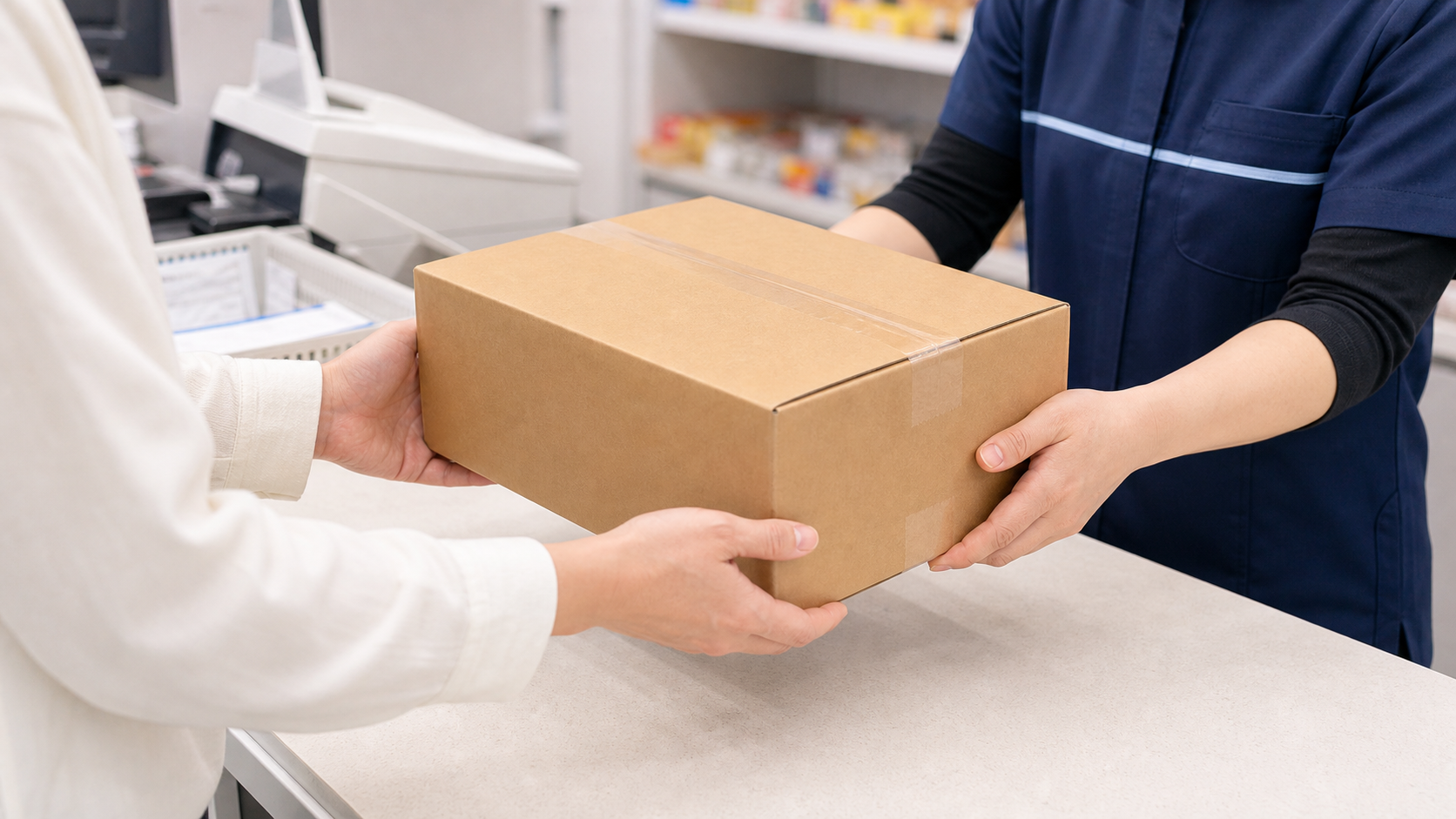 コンビニの発送カウンターで荷物を渡す例