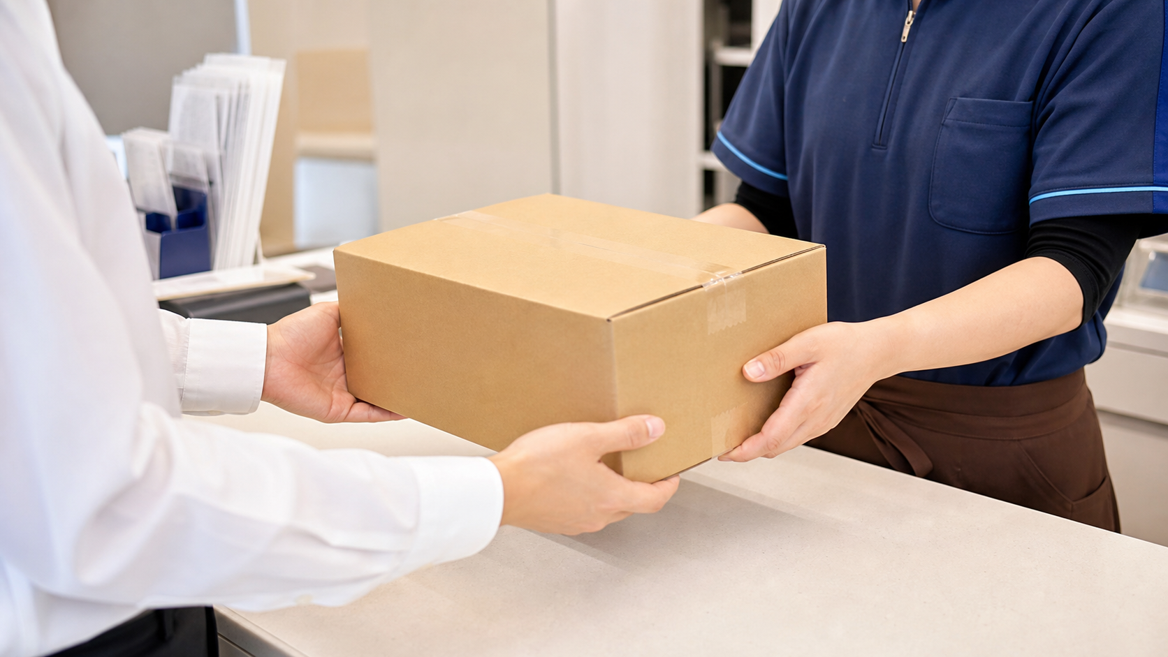 荷物を発送窓口に渡す例