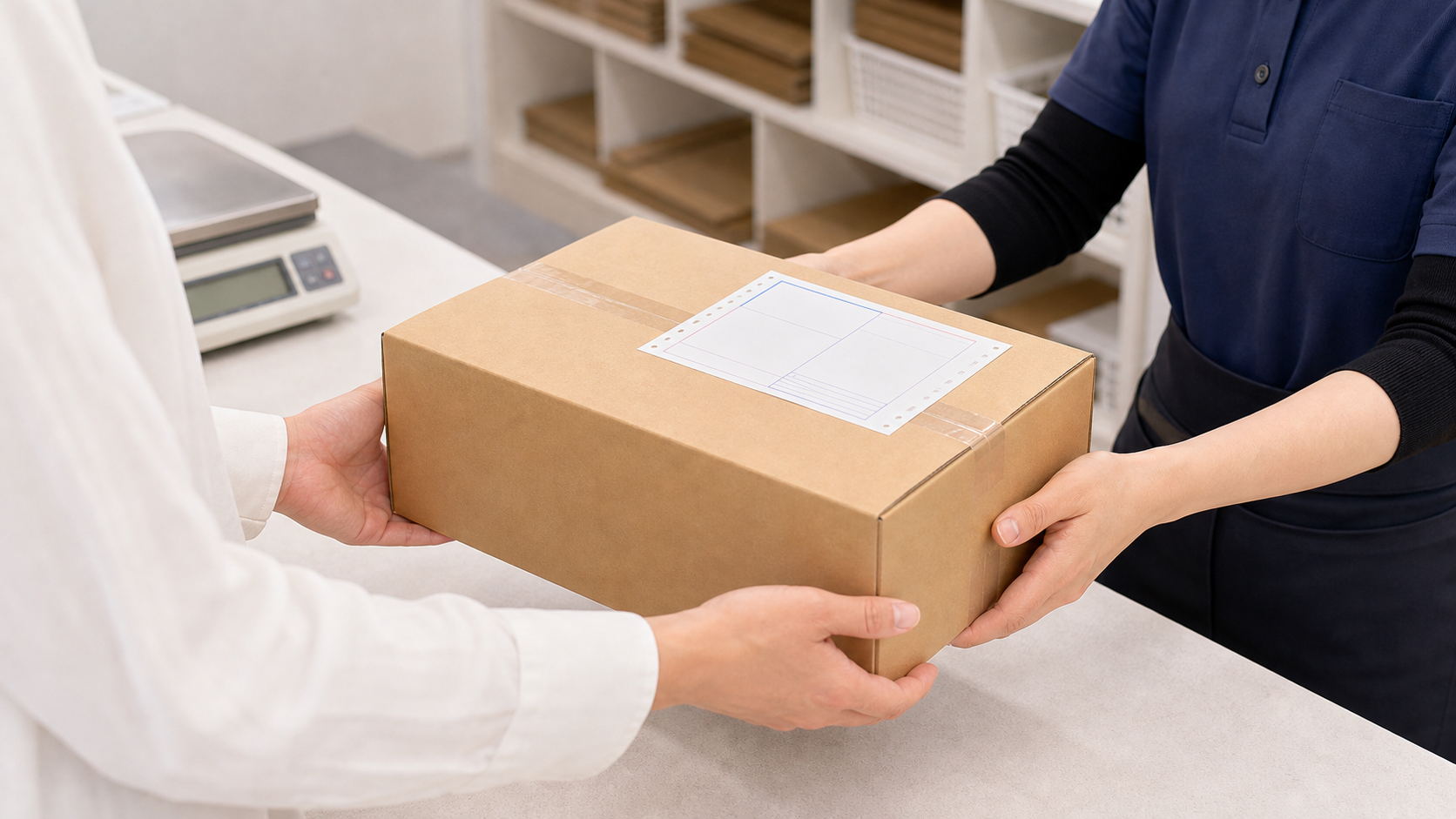 送り状を貼った荷物を発送窓口で渡す例